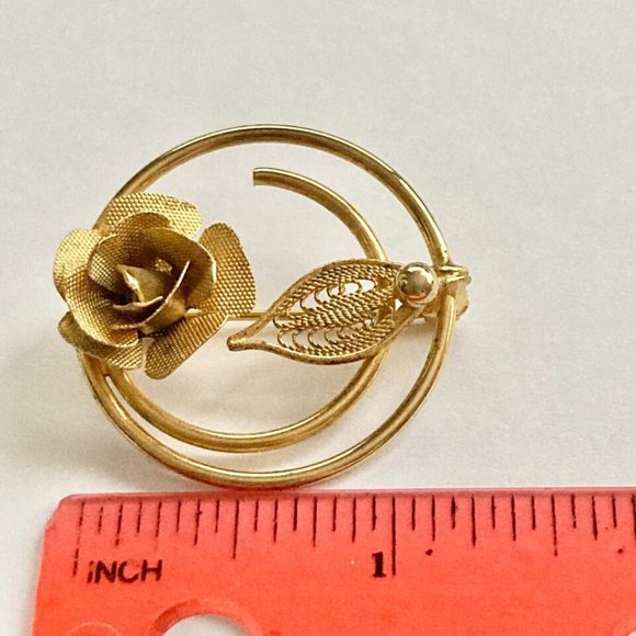 Vintage Rose Flower Bloom Circle Pin Brooch Gold Tone Plated 50's 60's Estate - Picture 10 of 10